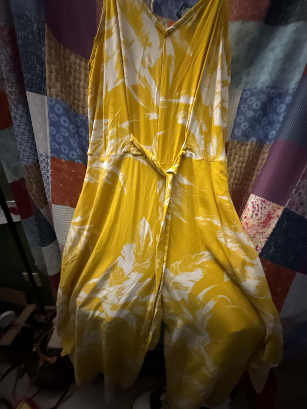Ivy Street Yellow and White Leaf Print Tie Front Culotte Jumpsuit Size M